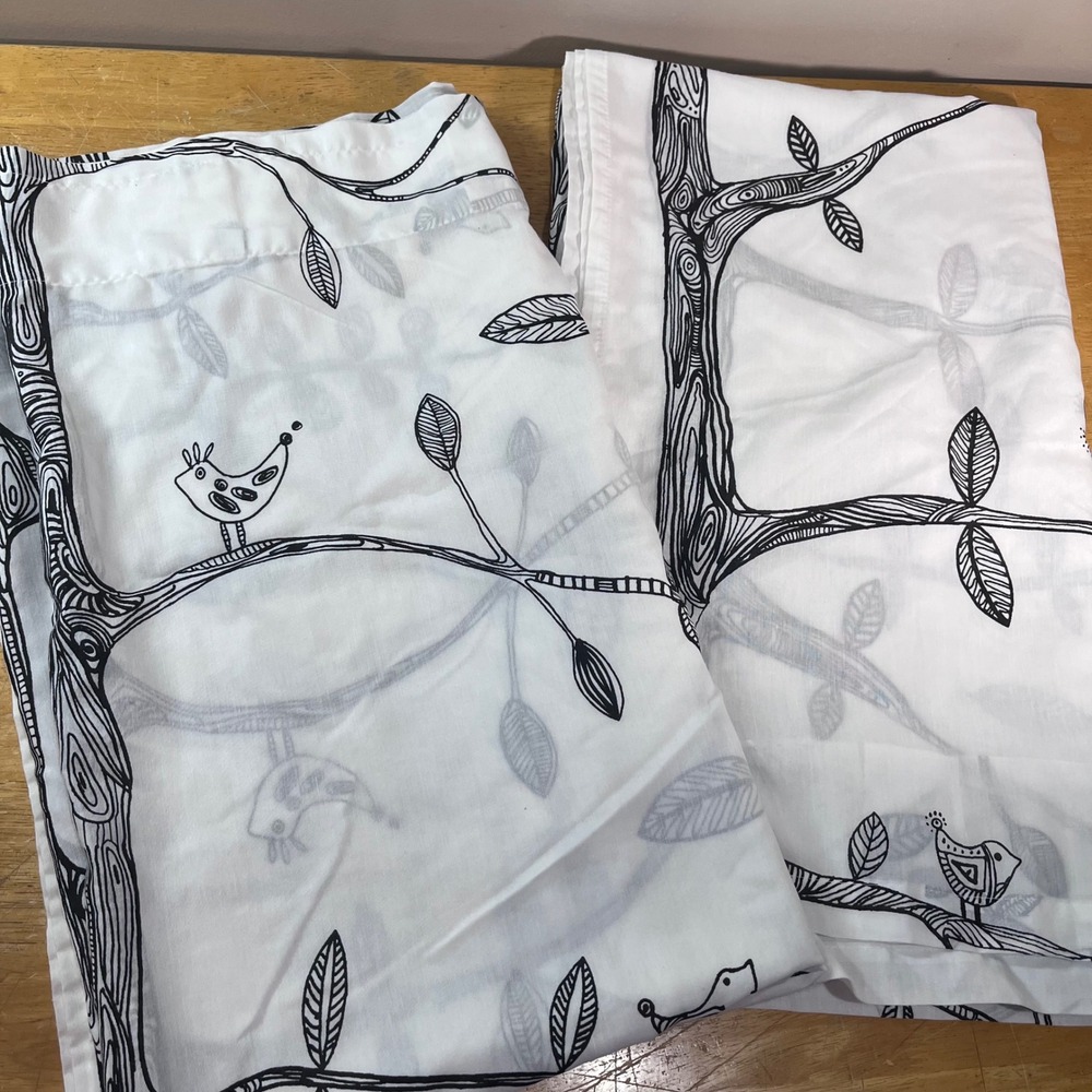 IKEA Eivor Curtain Panels 56x96 White Black Bird Tree Branch Whimsical Scandi